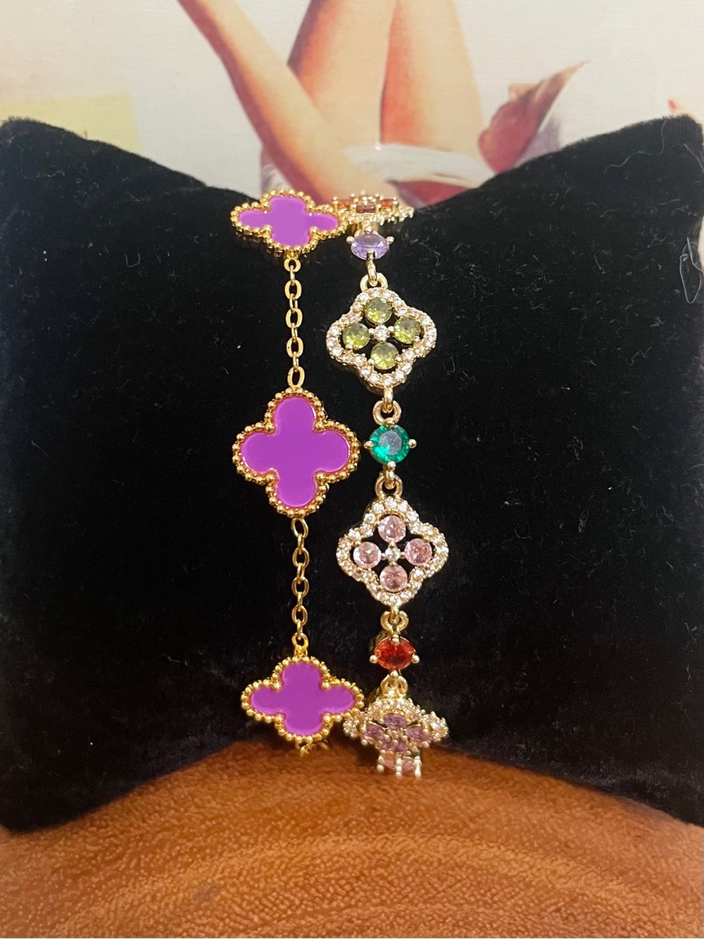 Rainbow Clover Tennis Bracelet and Purple Clover Bracelet Stack GF and GP NWOT